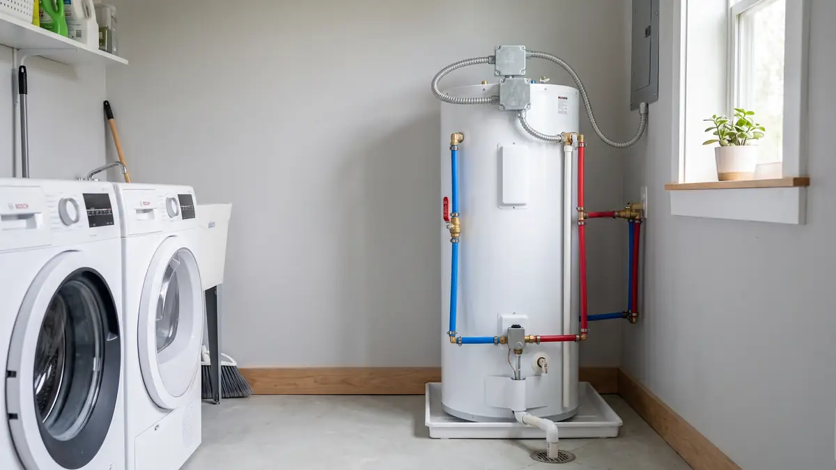 New electric tank water heater with its wiring box and drain pan, typical of electric water heater installation in Acushnet, MA