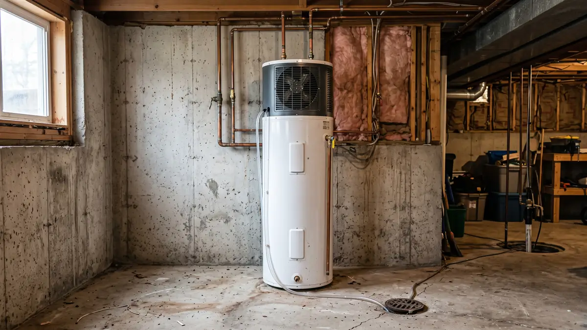 Hybrid heat pump water heater with its condensate line run to a floor drain, typical of heat pump water heater installation in Acushnet, MA