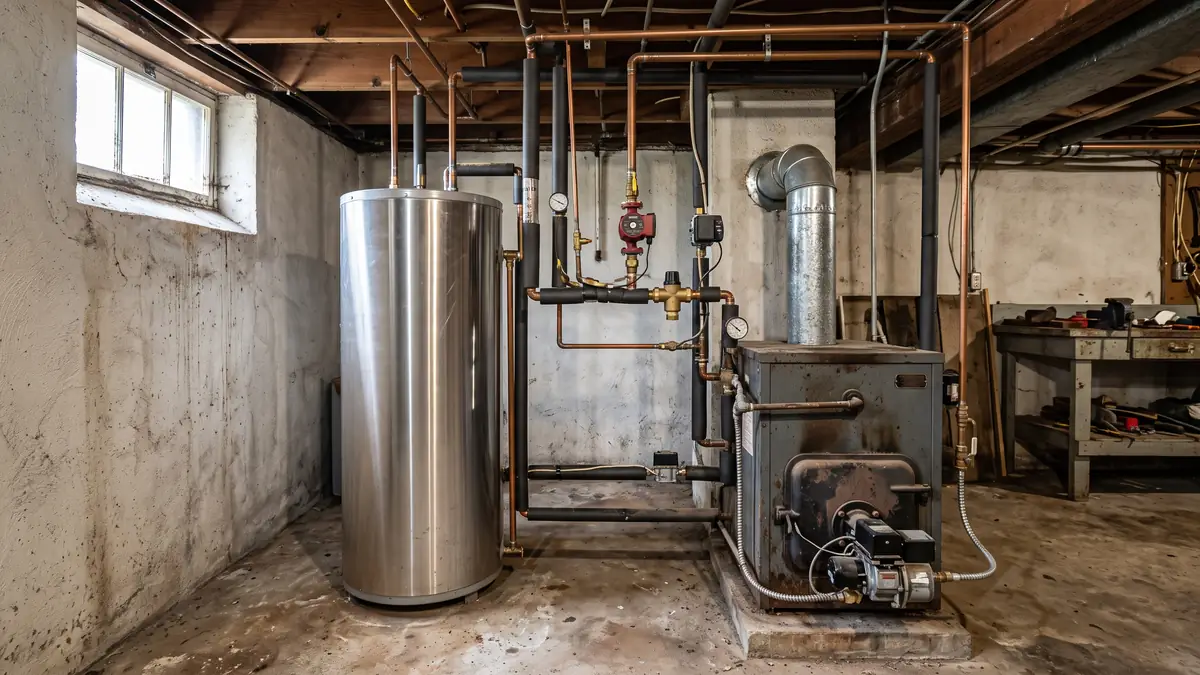 Stainless indirect water heater piped to an oil-fired hot water boiler, typical of indirect water heater installation in Acushnet, MA