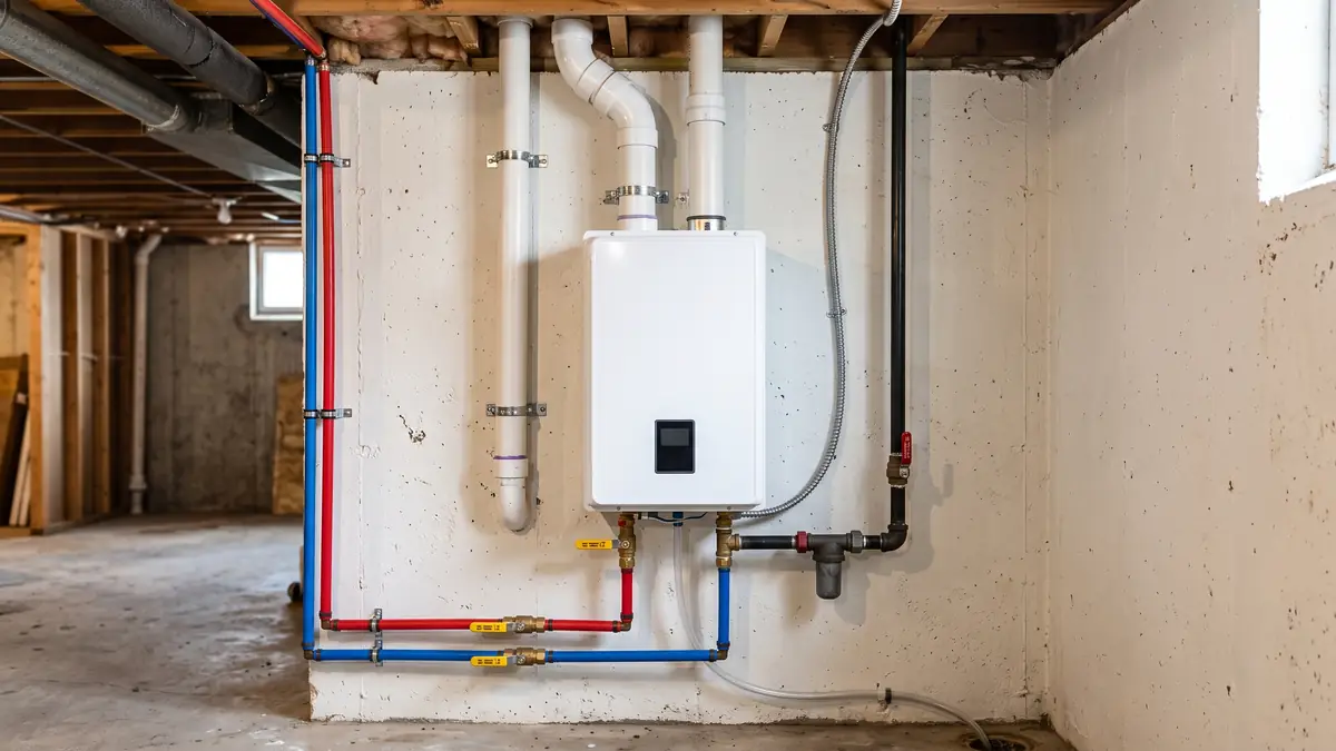 Wall-mounted tankless water heater with PVC venting and service valves, typical of tankless water heater installation in Acushnet, MA