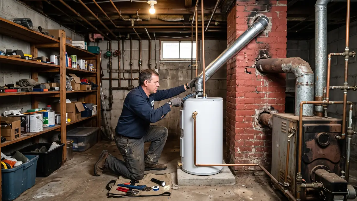 Plumber venting a new gas water heater into a shared basement chimney, typical of water heater installation in Acushnet Center, Acushnet MA
