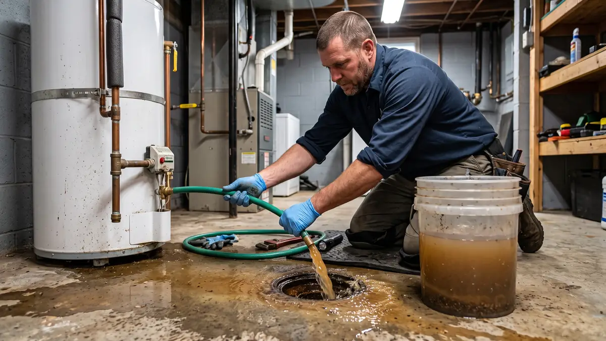 Plumber flushing sediment from a water heater drain valve, typical of water heater installation near Ford Middle School, Acushnet MA
