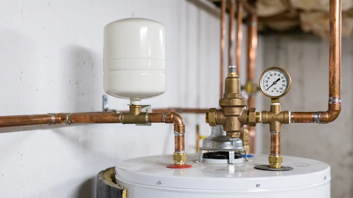 Thermal expansion tank on the cold line above a new water heater, typical of water heater installation near Hamlin Crossing, Acushnet MA
