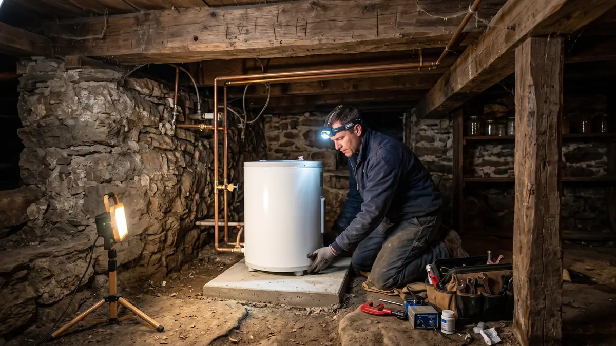 Plumber setting a compact water heater in the fieldstone cellar of an early-1800s house, typical of water heater installation in Head of the River, Acushnet MA