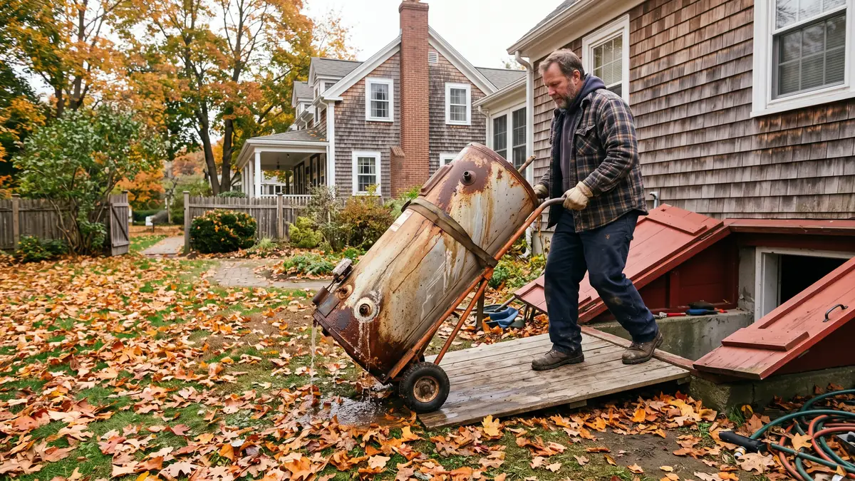 Plumber removing an old rusted water heater through a basement bulkhead, typical of water heater installation near LaPalme Farm, Acushnet MA
