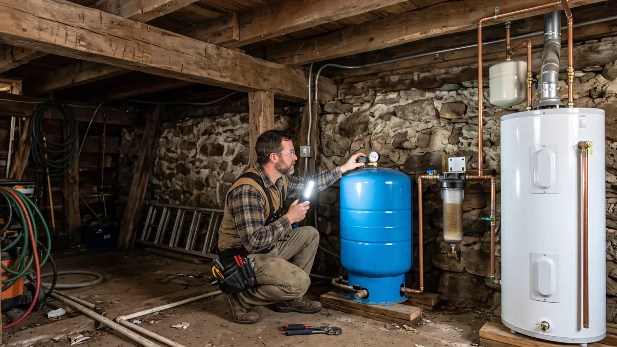 Plumber checking a private well pressure tank beside a new water heater in a farmhouse cellar, typical of water heater installation in Long Plain, Acushnet MA