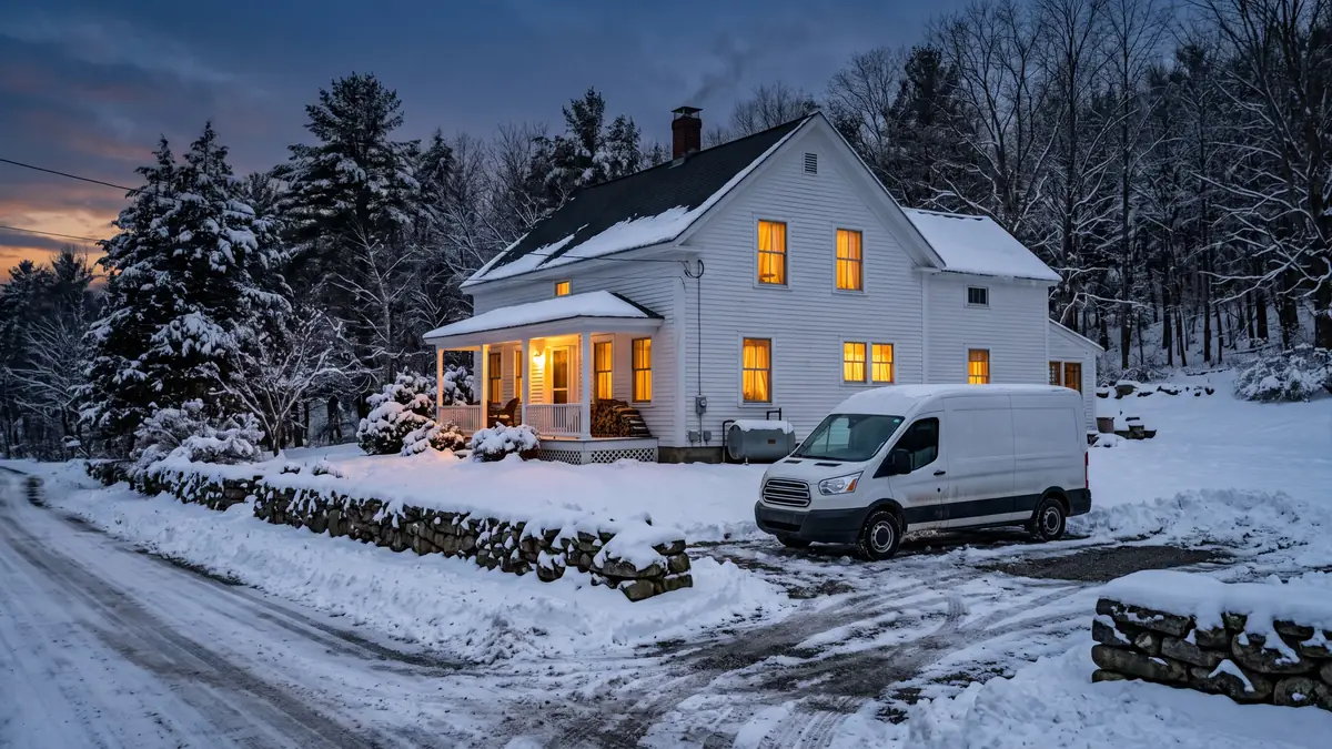 Snowy rural farmhouse at dusk with a service van in the driveway, typical of water heater installation near Long Plain Friends Meetinghouse, Acushnet MA