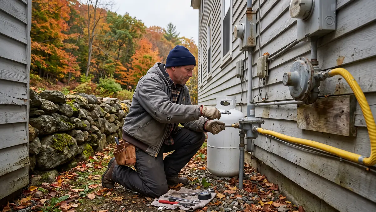 Plumber checking a propane regulator on the outside wall of a rural home, typical of water heater installation near Mendall Hill, Acushnet MA