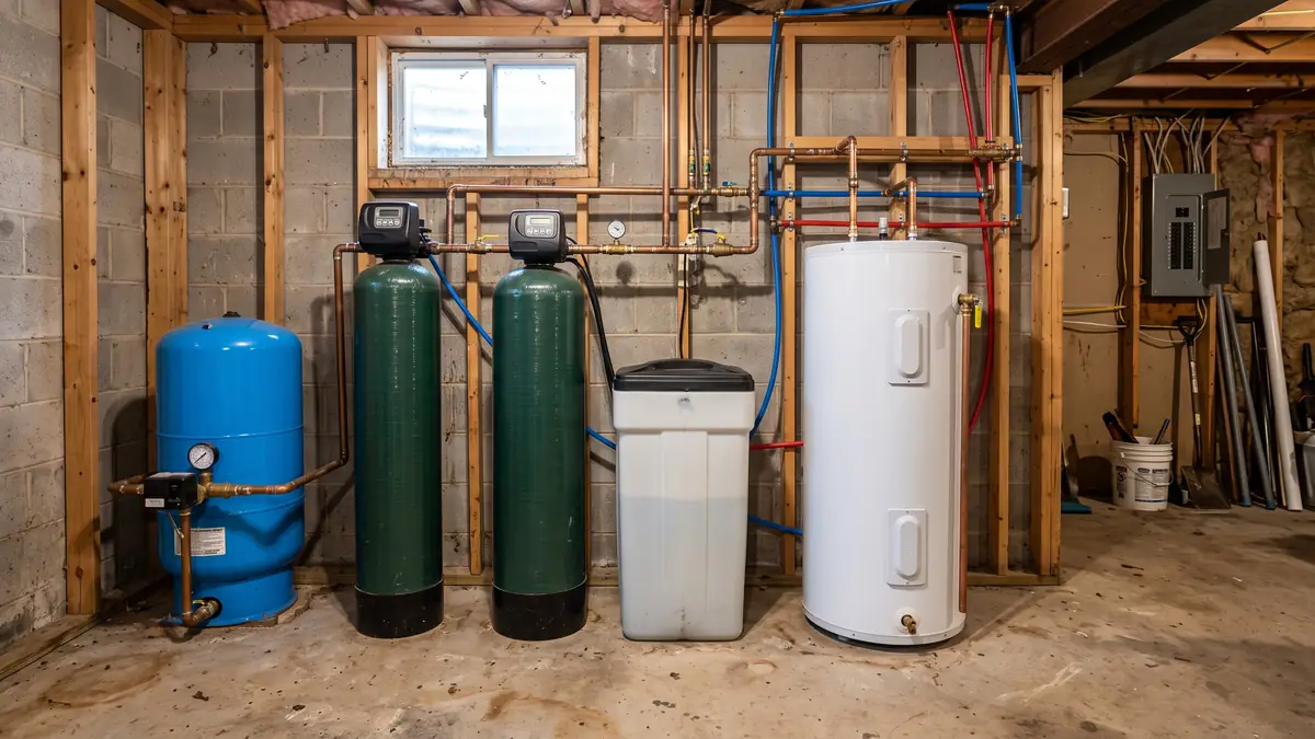 Well pressure tank, iron filter and softener beside a new water heater, typical of water heater installation near New Bedford Reservoir, Acushnet MA