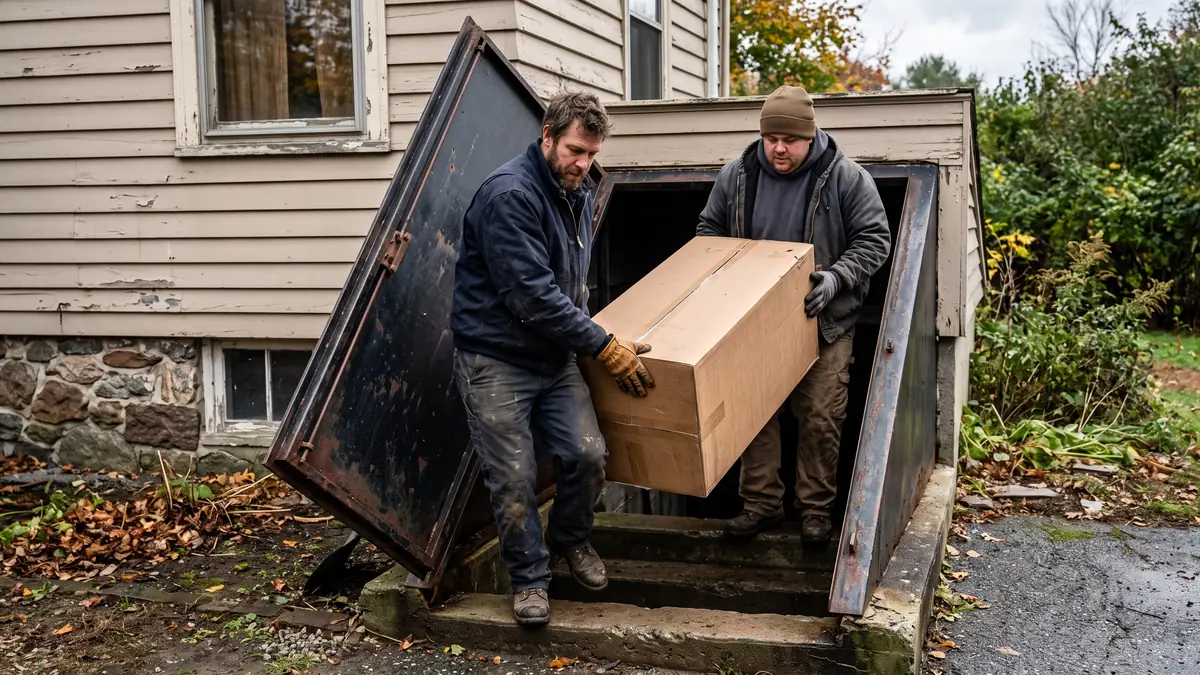 Plumbers carrying a new water heater down a basement bulkhead of an older clapboard house, typical of water heater installation in Parting Ways, Acushnet MA