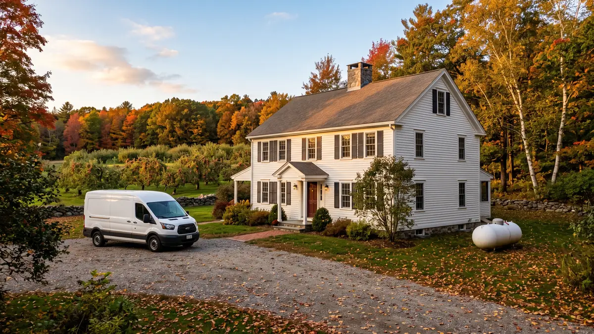 Rural colonial home with a propane tank and an orchard behind it, typical of water heater installation in Perry Hill, Acushnet MA