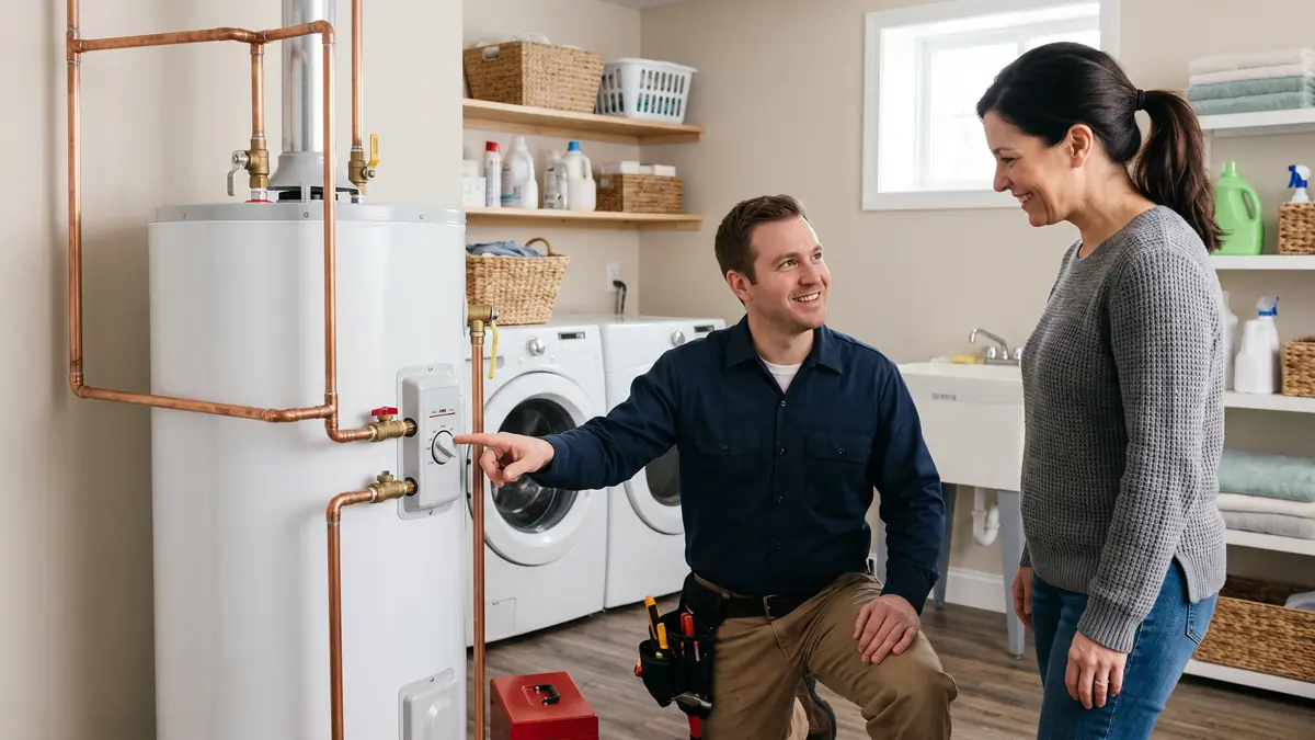 Plumber showing a homeowner the controls of a new water heater, typical of water heater installation near Acushnet Public Library, Acushnet MA