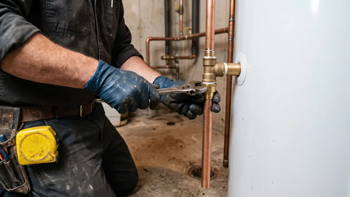 Plumber fitting the relief valve discharge pipe on a new water heater, typical of water heater installation near St. Francis Xavier Church, Acushnet MA