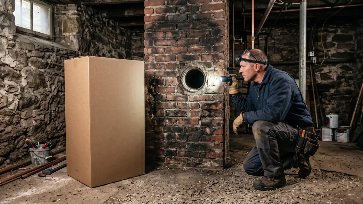 Plumber inspecting an old brick chimney flue before venting a new water heater, typical of water heater installation near The Sawmill, Acushnet MA