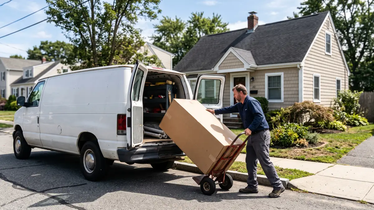 Plumber unloading a new water heater at a small Cape-style house, typical of water heater installation near Titleist Ball Plant A, Acushnet MA