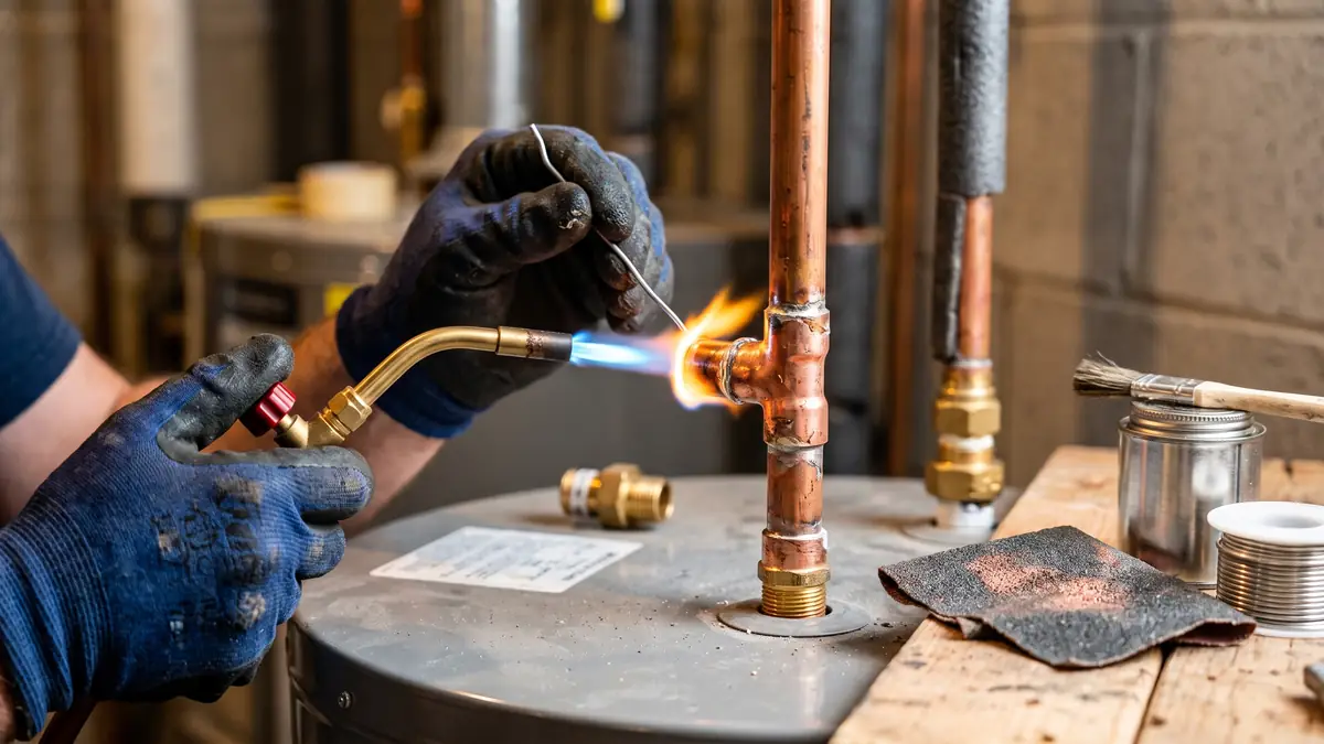 Plumber soldering the copper cold inlet of a new water heater, typical of water heater installation near Acushnet Town Hall, Acushnet MA